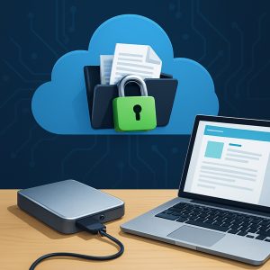 Illustrazione digitale realistica sull'archiviazione cloud con icone di sicurezza e grafica di crittografia dei file
