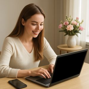 Blogger che lavora alla protezione dei contenuti digitali con laptop e smartphone nel 2025