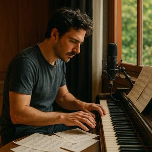 Uomo di 35 anni, produttore musicale, che compone al pianoforte con microfono e spartiti, nel suo studio con vista giardino.