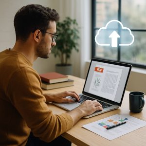 Uomo che lavora alla progettazione di eBook e PDF con archiviazione cloud per proteggere il suo lavoro creativo