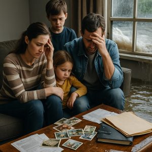 Famiglia angosciata all'interno di una casa danneggiata dopo un disastro naturale, simbolo della perdita di documenti e ricordi importanti.