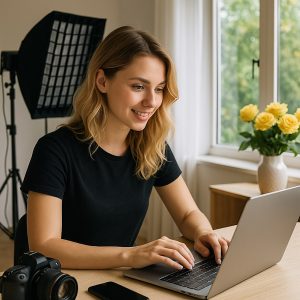 Creatrice di video bionda al laptop con protezione dei contenuti digitali per creatori di video