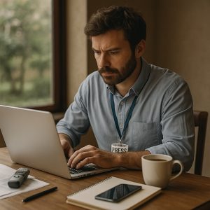 Giornalista trentacinquenne con barba, al lavoro sul laptop con taccuino, registratore, cellulare e caffè sul tavolo, con tesserino stampa.