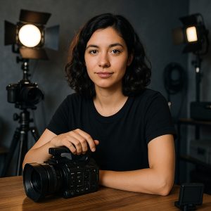 Giovane videografa nel suo studio con videocamera professionale, archiviazione cloud sicura per videografi.